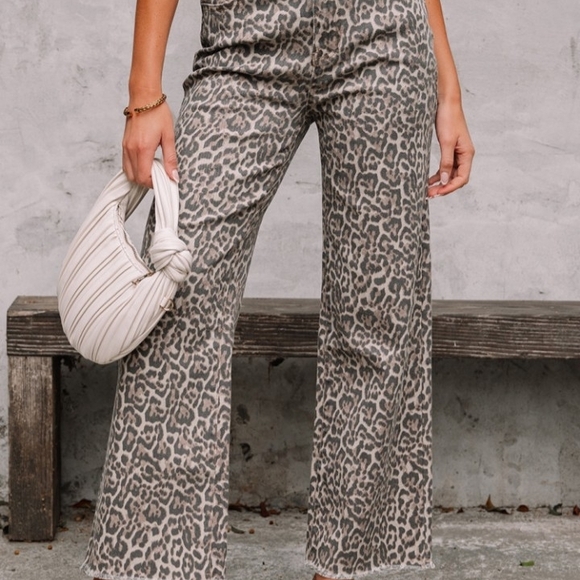 Dear Lover Pants - Neutral Leopard-Print Wide Leg Pants